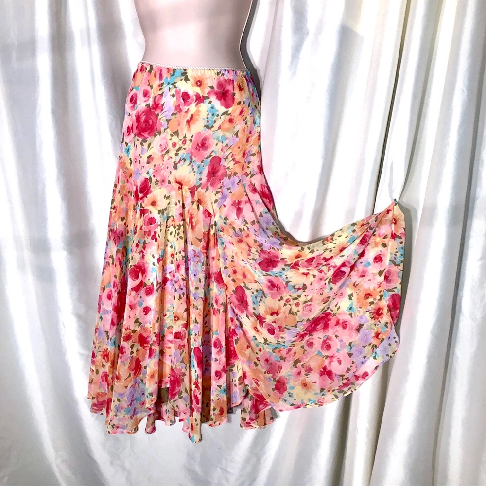 Drop waist floral pink lined gored flirty skirt